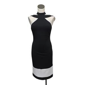 NWT Bebe Black & White Piping Halter Top Dress Size Small Strappy Midi Sheath